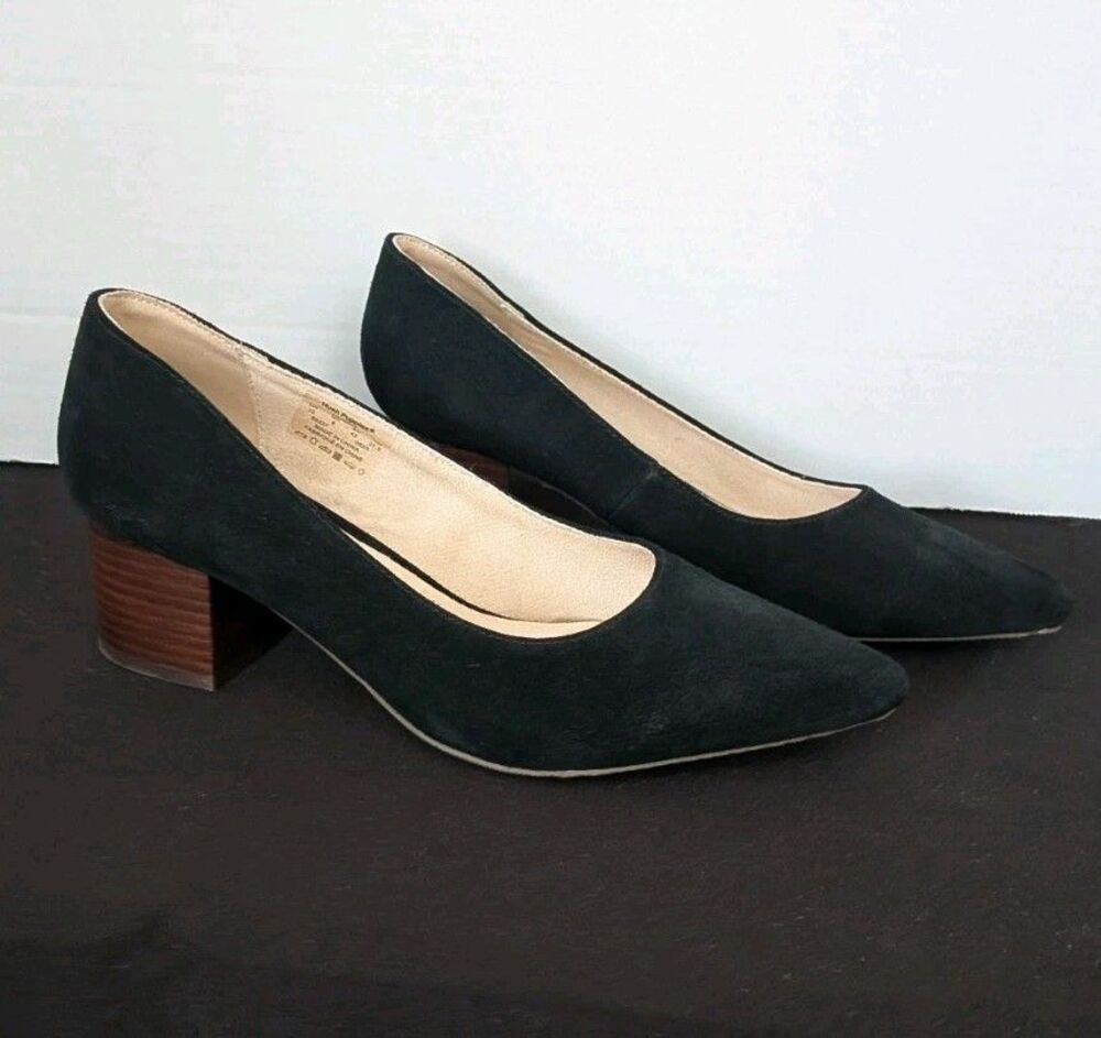 Hush Puppies Sofie Pumps Women’s 10 Black Suede Slip-On Wood Heals Casual Shoes
